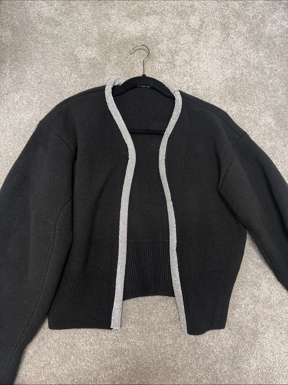 Black Open Front Knit Cardigan with Silver Trim - Picture 3 of 4
